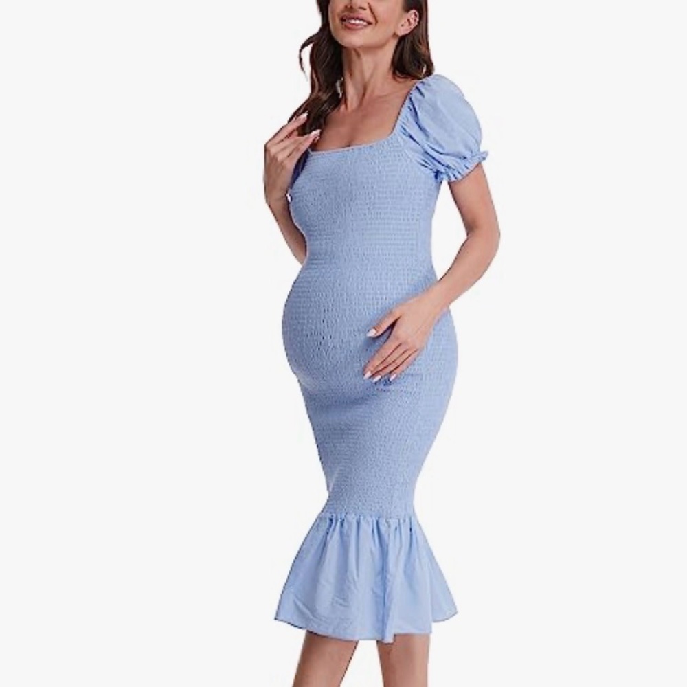 Maternity Sky Blue Puff Sleeve Midi Dress
